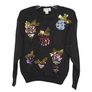 Vintage 80s Ugly Christmas Sweater S Black Gold Multi Sequins Beaded Ornaments